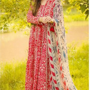 Classic Red & White Printed Lawn Suit